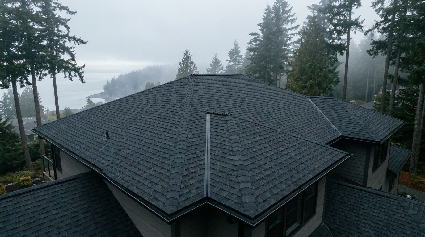 Aerial view of a roof installed by Hard Shell Exteriors in Puyallup, WA