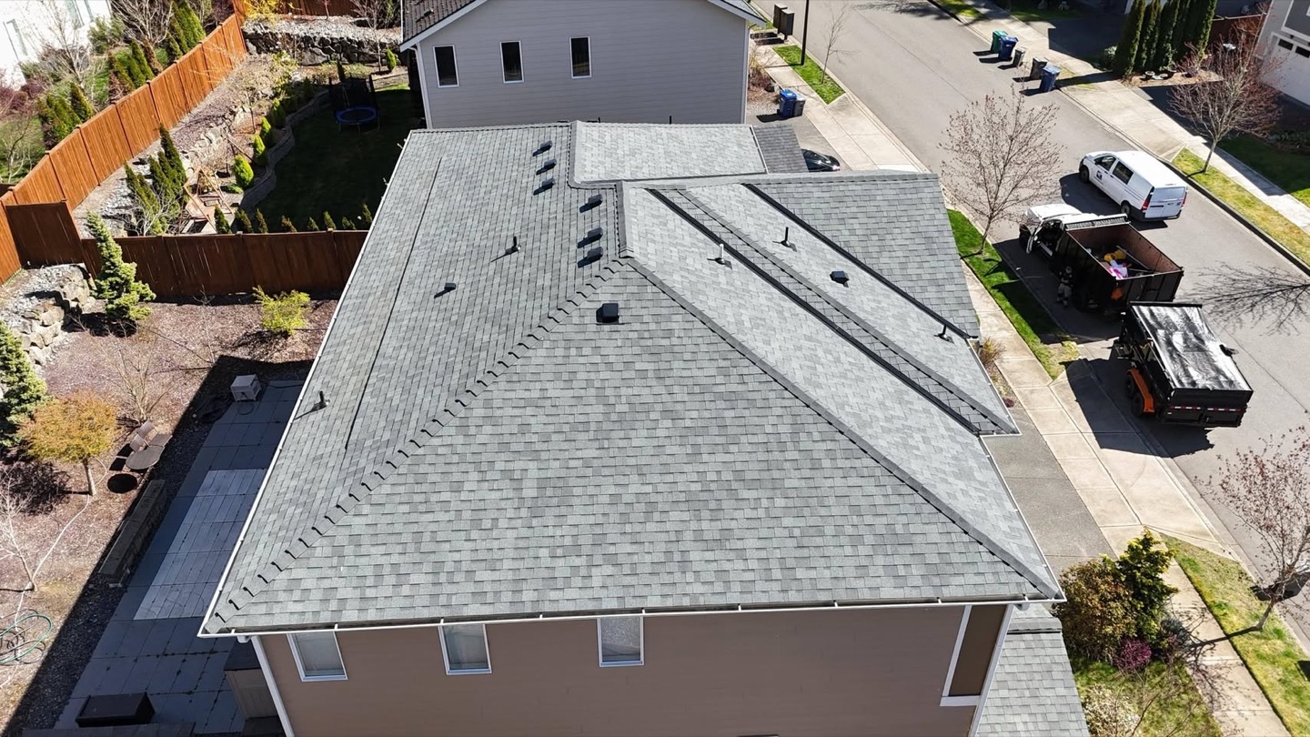 Aerial view of a completed roof installation by Hard Shell Exteriors in the greater Puget Sound