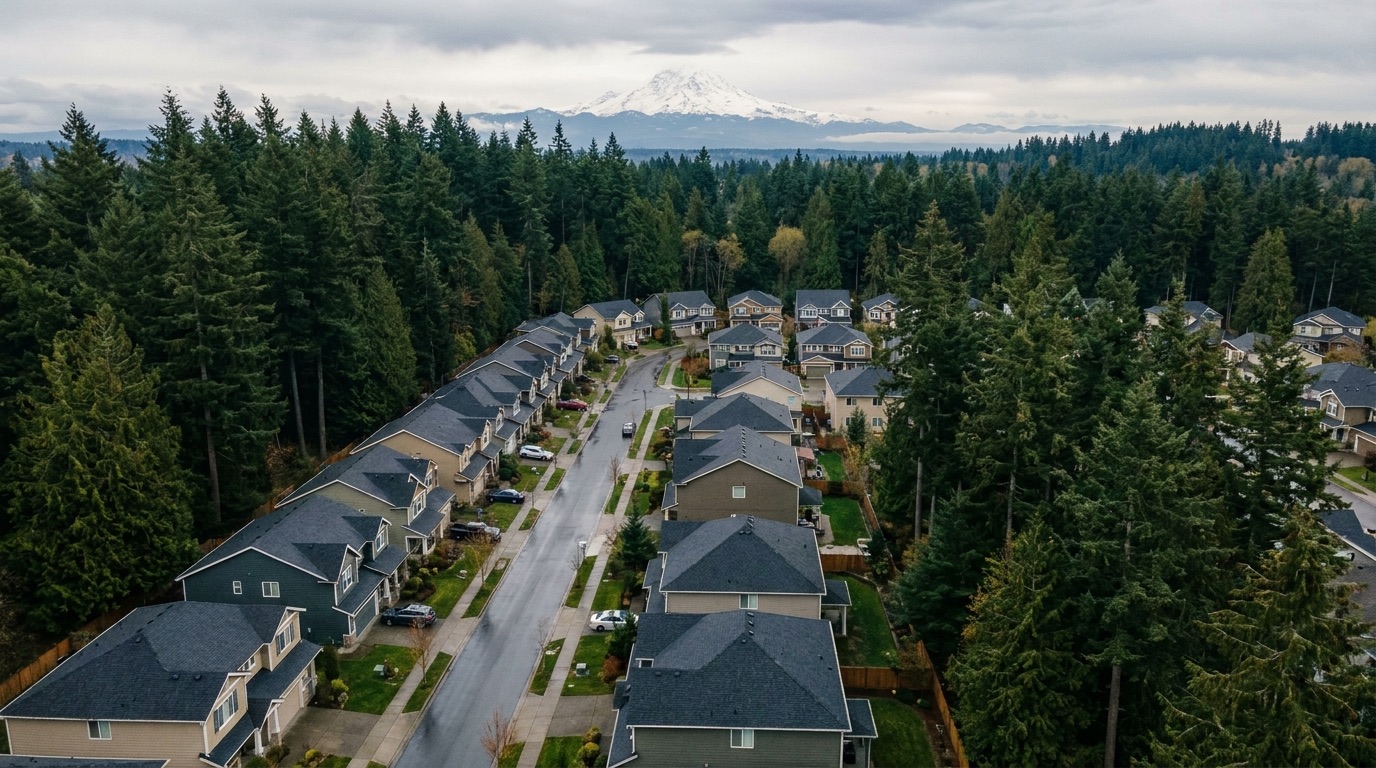 Aerial view of a Pacific Northwest neighborhood Hard Shell Exteriors serves