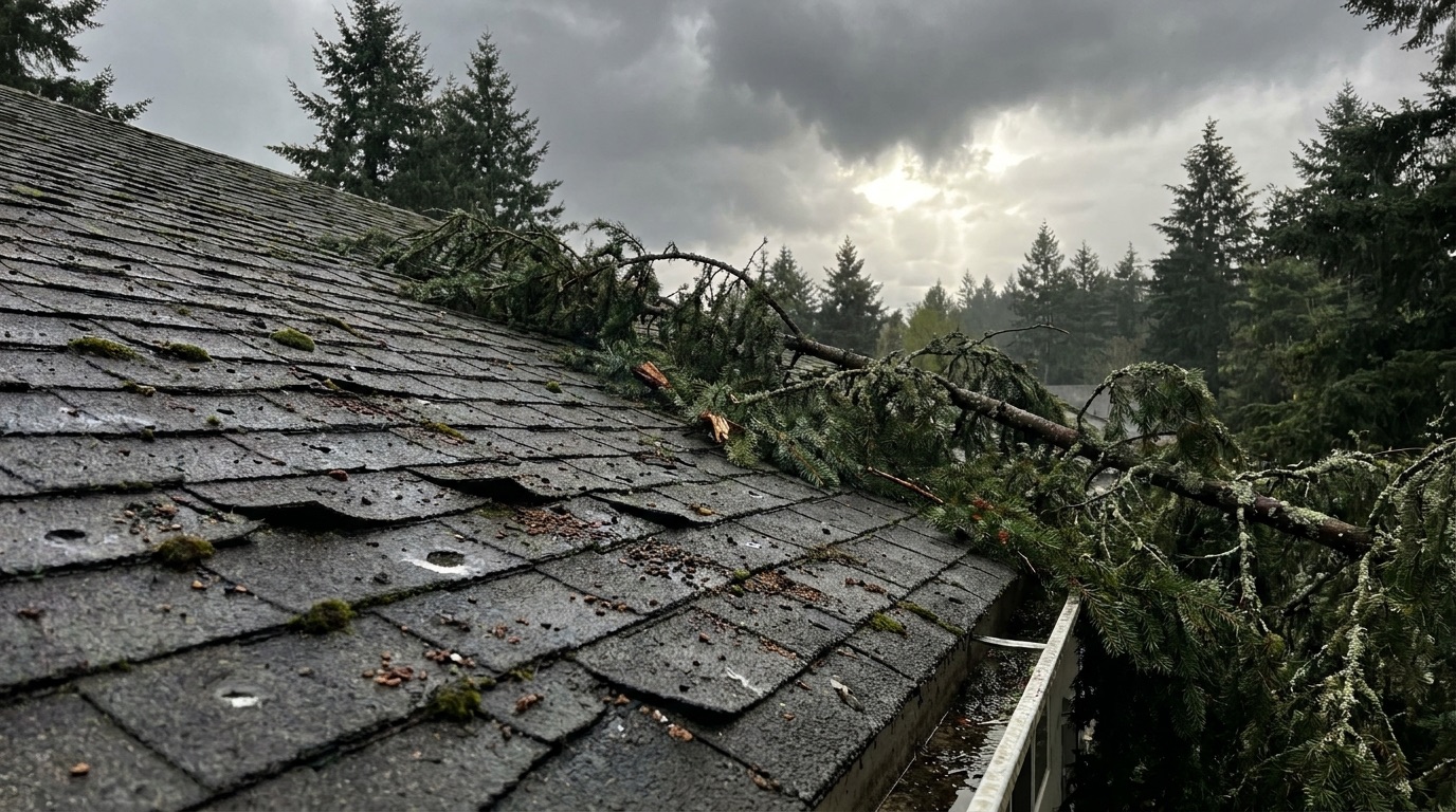 Storm and hail damage on a Pacific Northwest residential roof