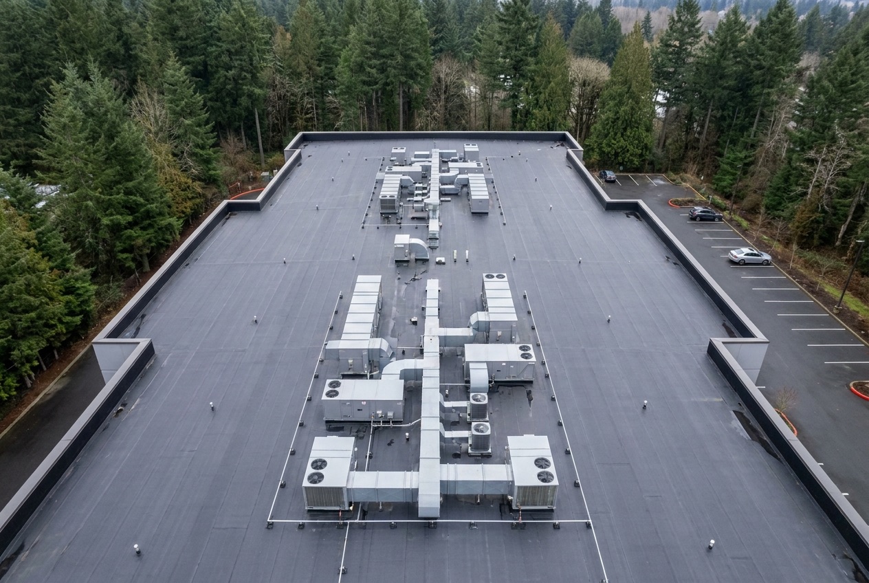 Aerial view of a flat commercial roof in the Pacific Northwest