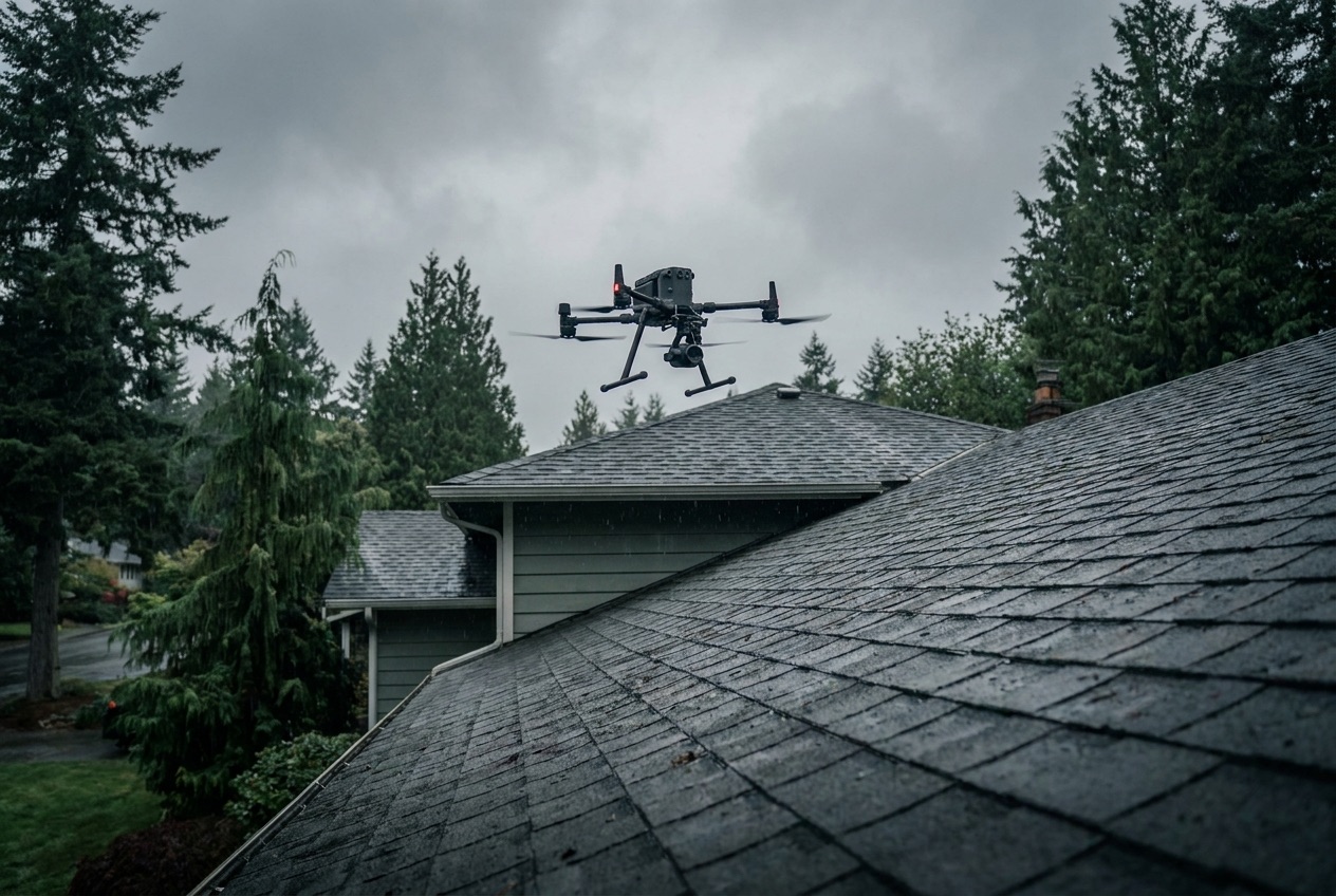 Drone inspecting a residential roof from the air