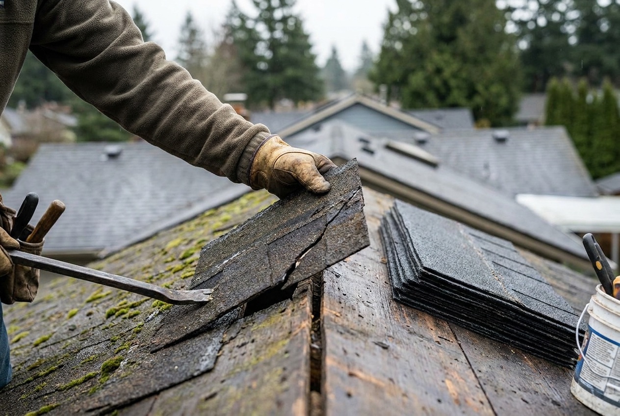 Roofer repairing a damaged asphalt shingle