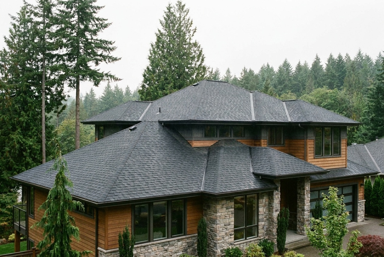 Brand-new architectural shingle roof replacement on a Pacific Northwest home