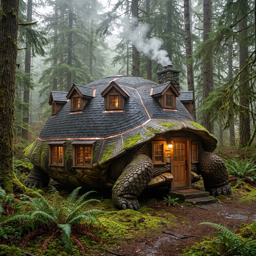 A real, fully finished shingle roof built on a turtle that forms the house itself — Hard Shell Exteriors